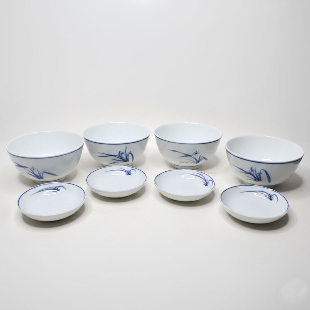Vintage Chinese Porcelain Bowl & Saucer Set (8-Piece) Blue & White Handpainted